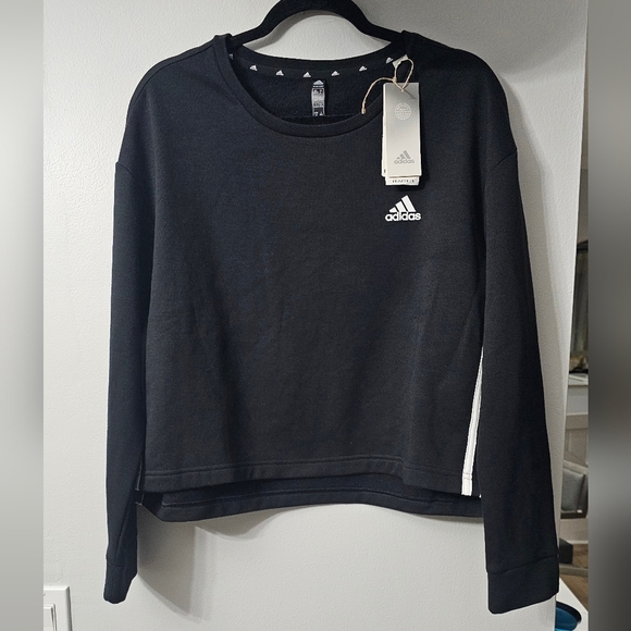 adidas Women's Primegreen Comfort Fleece Loose Cropped Black 3-Stripes Top NWT L - Picture 3 of 5